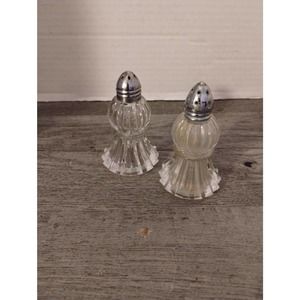 Vintage IRICE Fluted Pressed Glass Salt & Pepper Shakers w Chrome Plated Tops